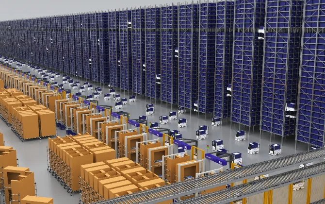 Hai Robotics HaiPick Climb robots working a high-bay rack aisle
