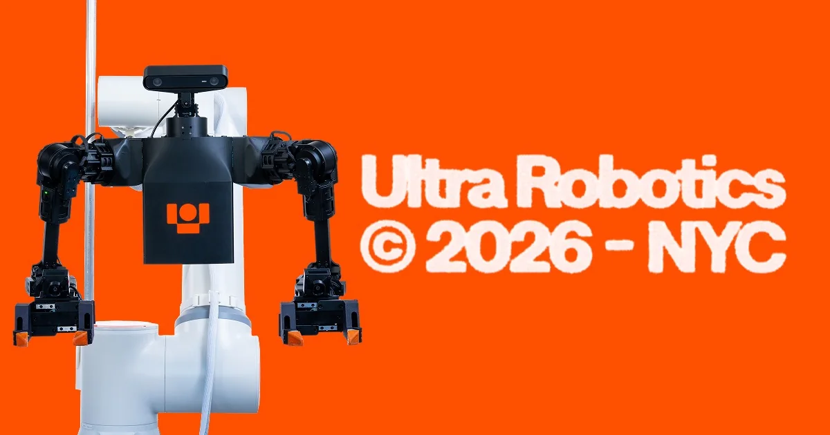 Ultra Robotics press image of the OP1 Operator, a white robot column with 2 black jointed arms and gripper hands, on an orange background with the words Ultra Robotics 2026 NYC
